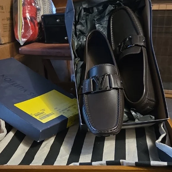 Louis Vuitton Men's Dark Brown Leather Slip-On Loafers with Metal LV Accent - Picture 1 of 1